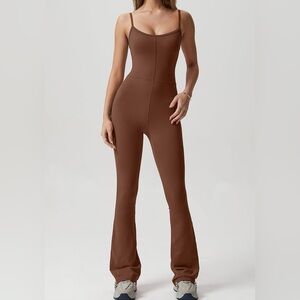 Brown Bodycon Flare Jumpsuit with Spaghetti Straps and Scoop Neck.